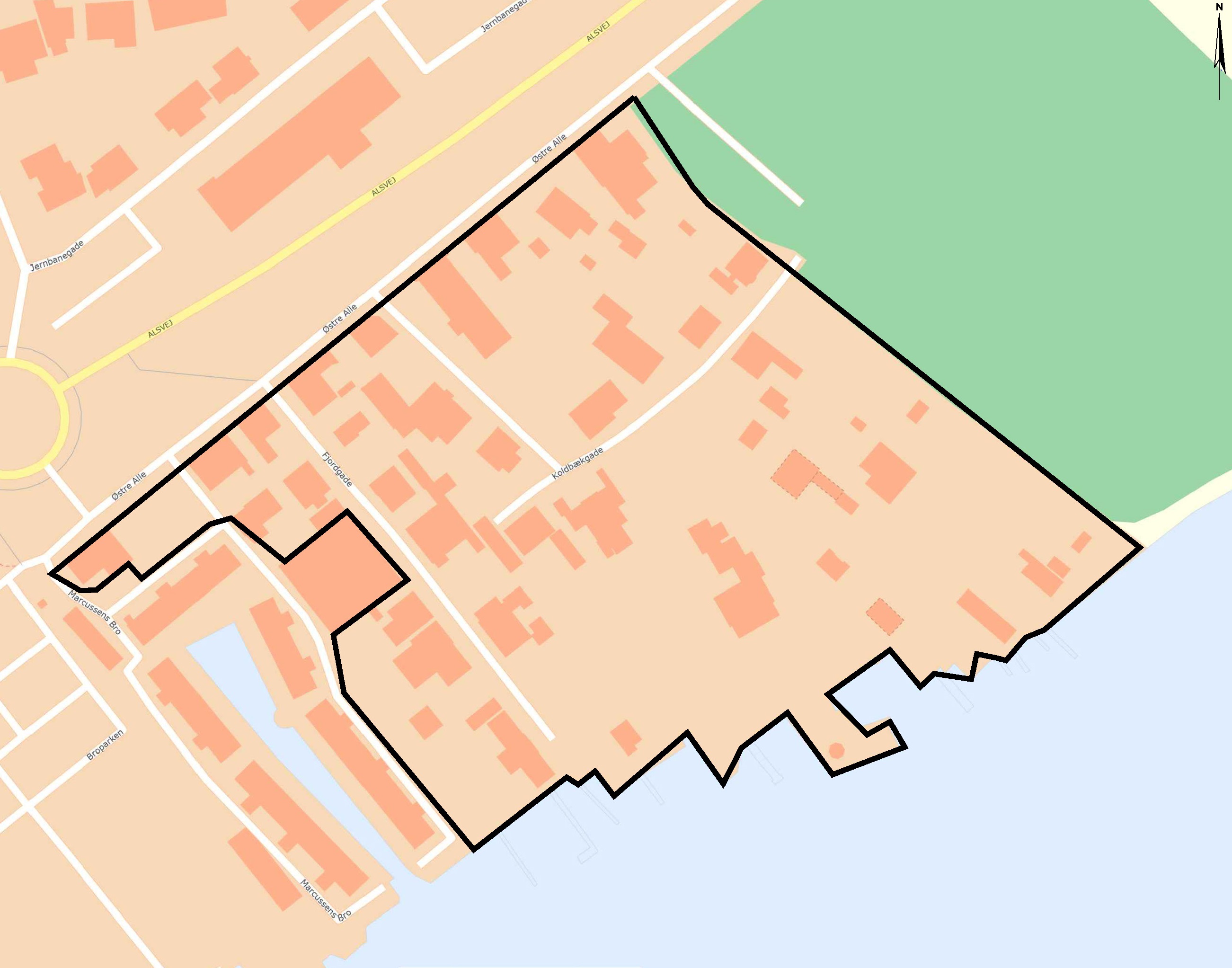 Projektområde separatkloakering Fjordgade og Koldbækgade Hadsund